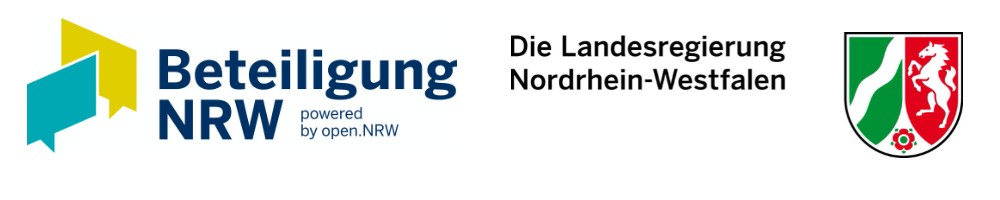Logo: Zwei Logos kombiniert: links "Beteiligung NRW powered by Open.NRW" mit zwei stilisierten Sprechblasen, rechts "Landesregierung Nordrhein-Westfalen" mit Landeswappen