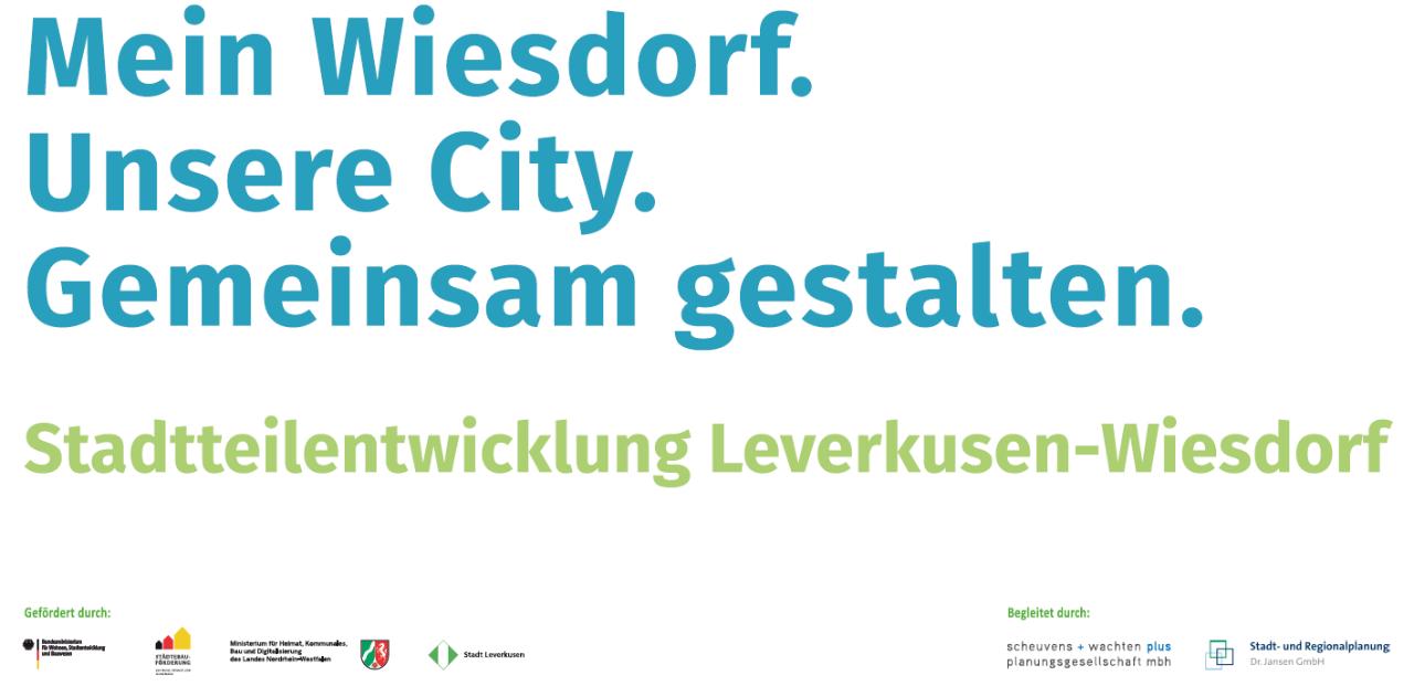 Banner: Mein Wiesdorf. Unsere City. Gemeinsam gestalten. Stadtteilentwicklung Leverkusen-Wiesdorf. Diverse Banner darunter von Partnern