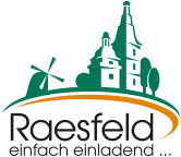 Logo: Logo Raesfeld, Untertitel "einfach einladend", grüne Silhouette von Mühle und Schloss